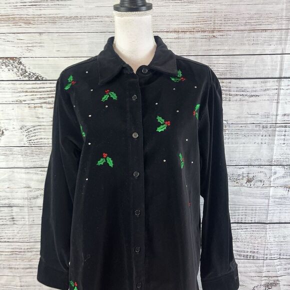 The Quacker Factory Shacket Jacket size Large Black Velvet Candy Canes Christmas - Picture 2 of 11